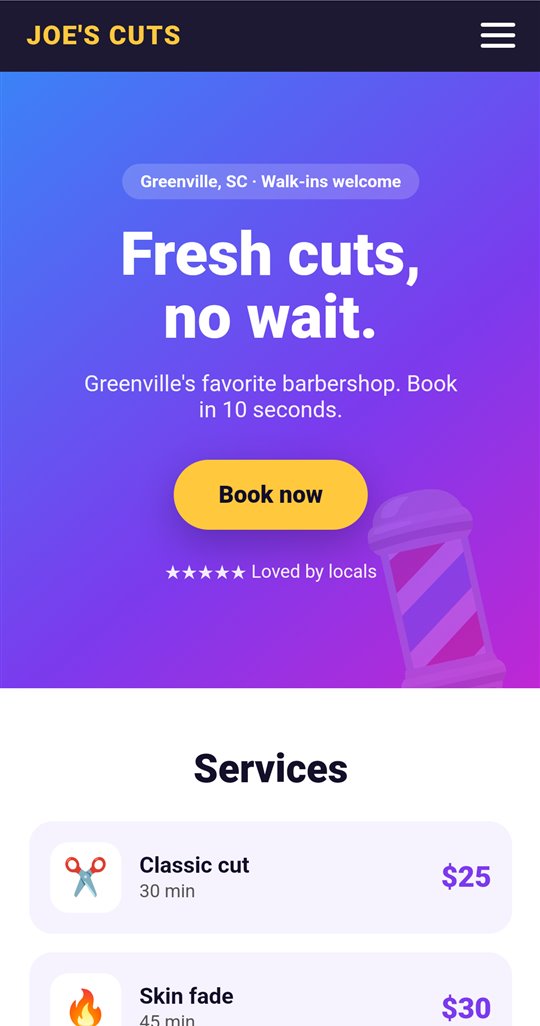Demo site top: Joe's Cuts header, 'Fresh cuts, no wait.' and a Book now button