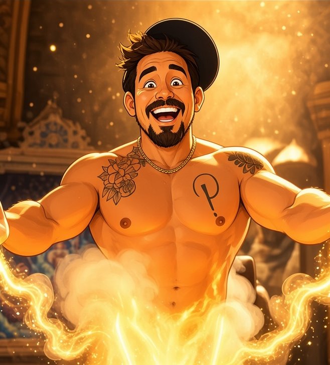 Cartoon of KJ the Genie rising out of a golden lamp with arms spread wide